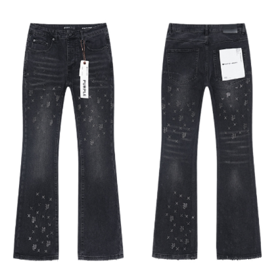 Black Washed Flared Denim Jeans with Rhinestone Star Pattern